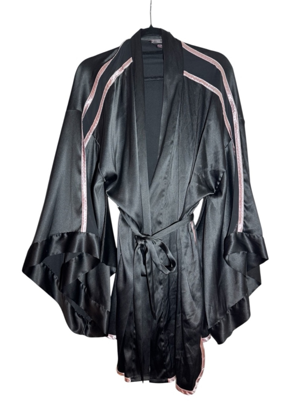 Victoria's Secret Black Satin Kimono Robe with Pink Trim